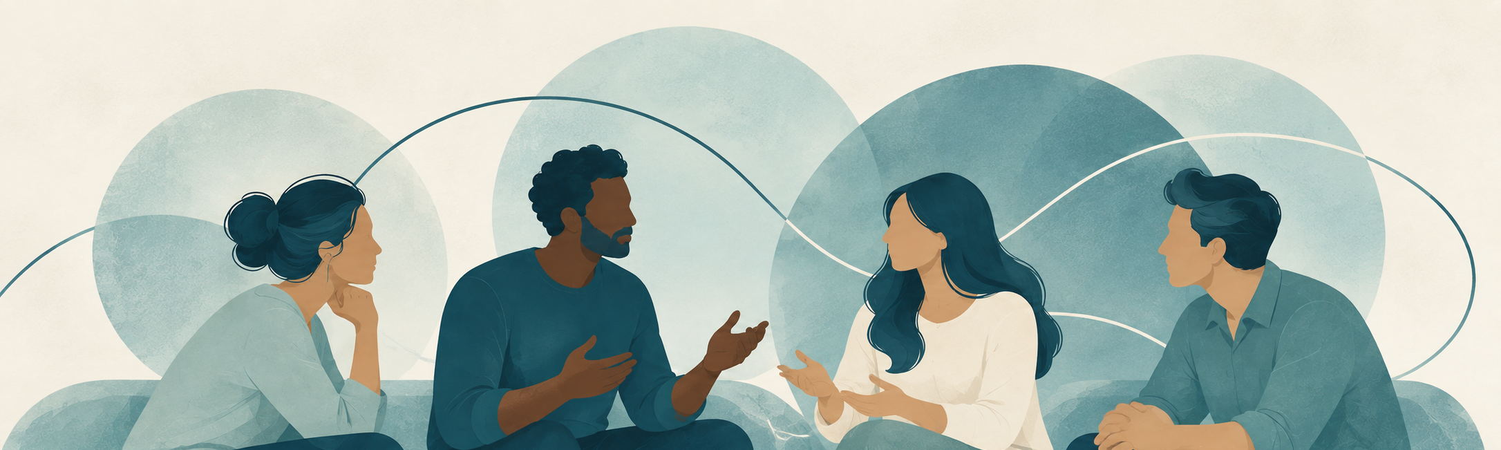 llustration of four employees engaging in conversation, with overlapping circles and connecting lines.